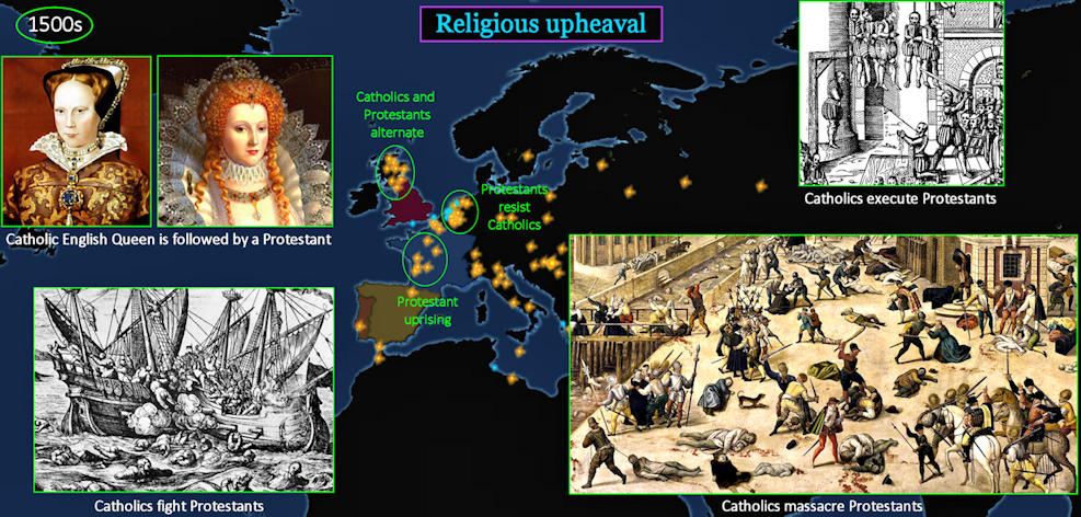 Catholics fight Protestants, 1500s map